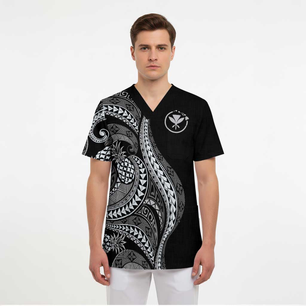 Hawaii Pineapple Gray Scale Tribal Pattern Scrub Top - Polynesian Pride