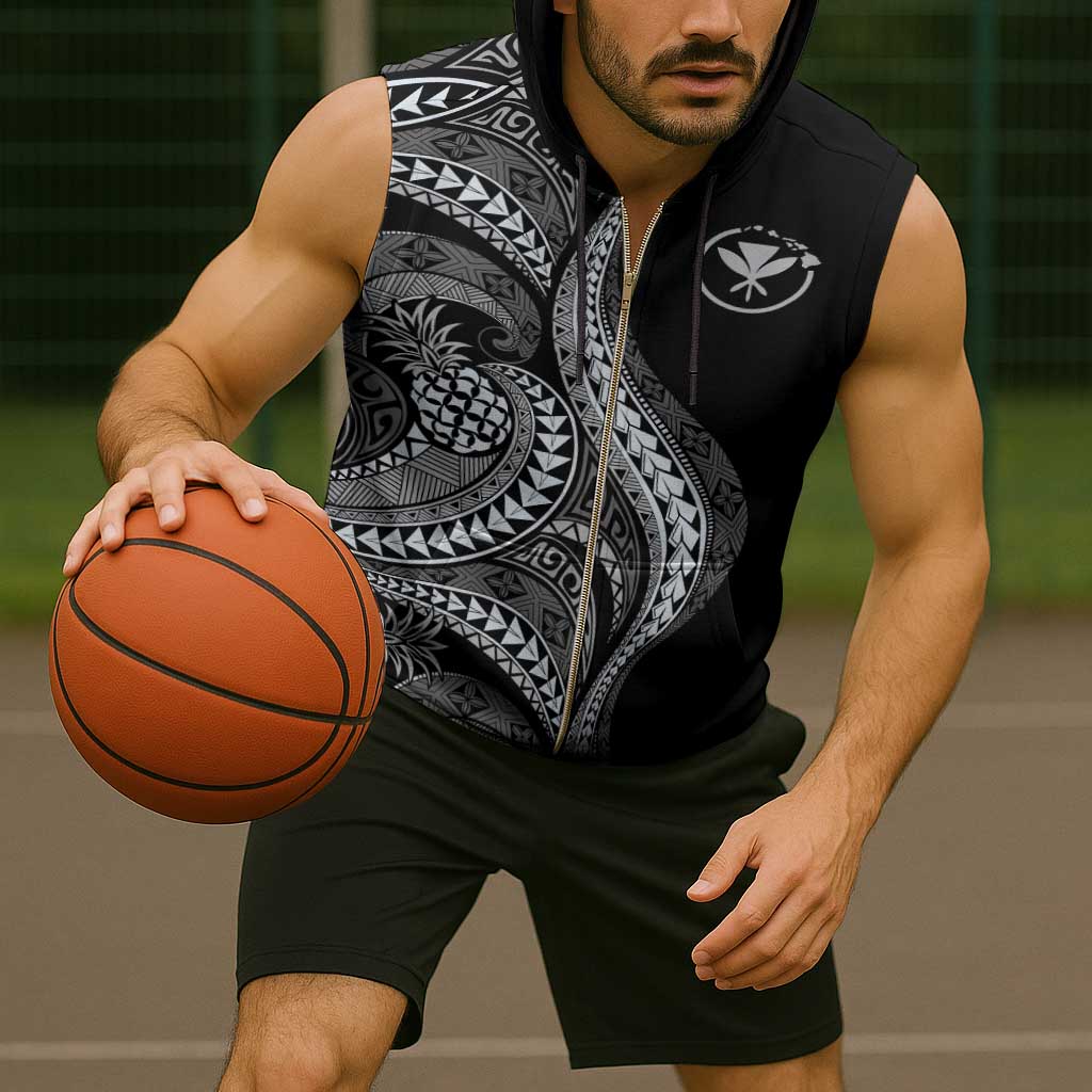 Hawaii Pineapple Gray Scale Tribal Pattern Sleeveless Zip Hoodie - Polynesian Pride