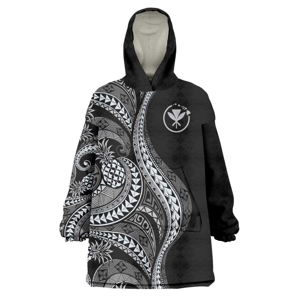 Hawaii Pineapple Gray Scale Tribal Pattern Wearable Blanket Hoodie LT01 One Size Black - Polynesian Pride