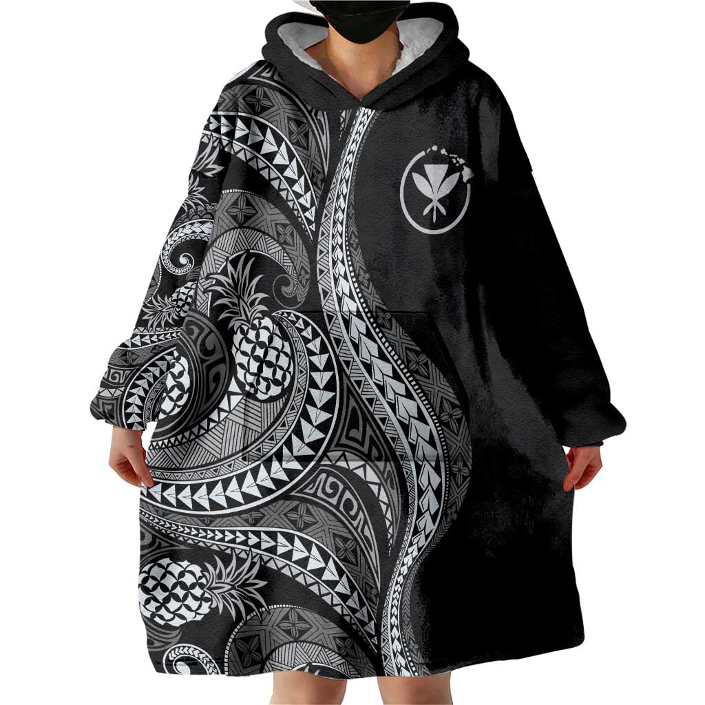 Hawaii Pineapple Gray Scale Tribal Pattern Wearable Blanket Hoodie - Polynesian Pride