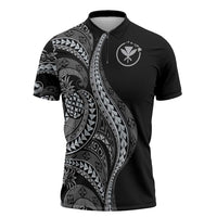 Hawaii Pineapple Gray Scale Tribal Pattern Zipper Polo Shirt - Polynesian Pride