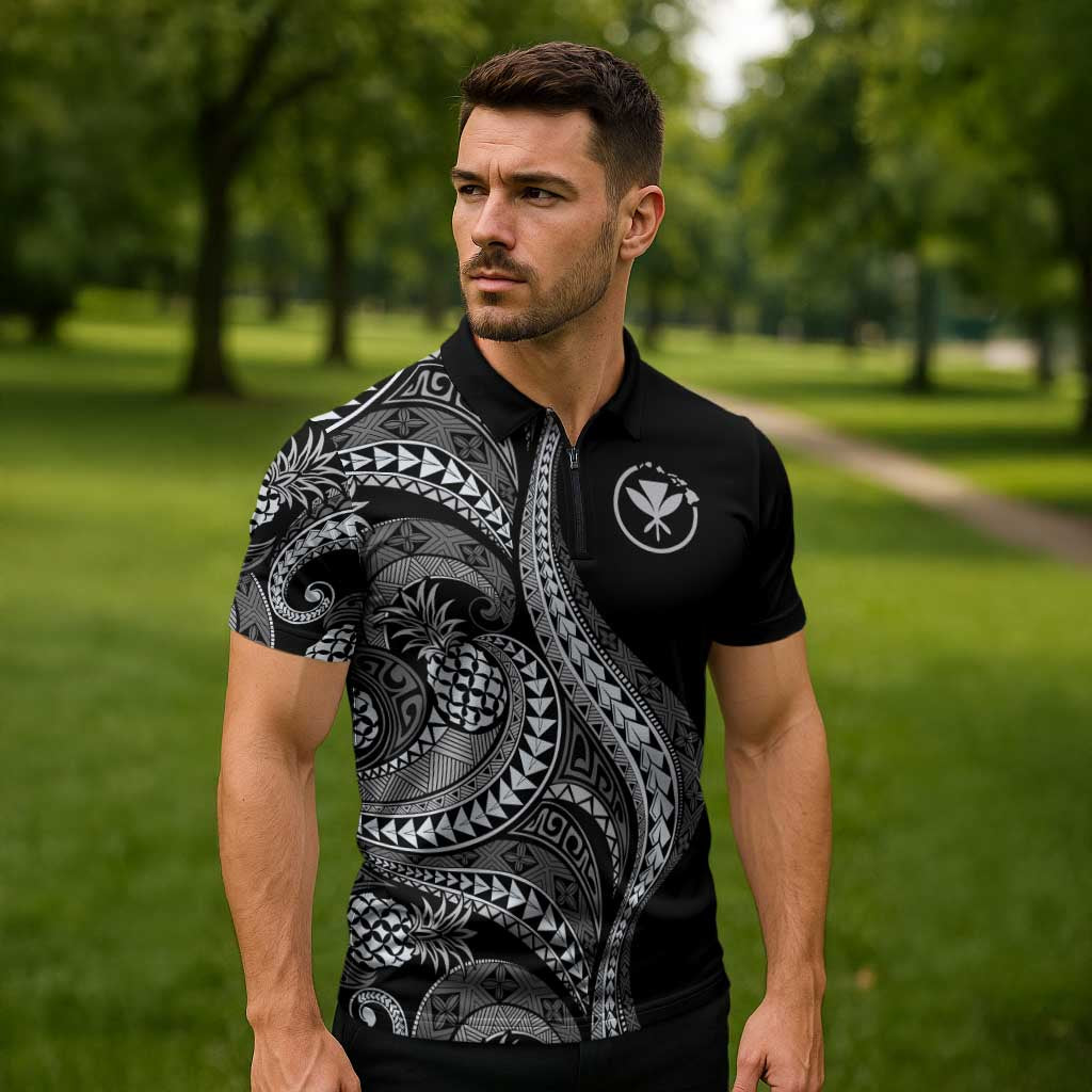 Hawaii Pineapple Gray Scale Tribal Pattern Zipper Polo Shirt - Polynesian Pride