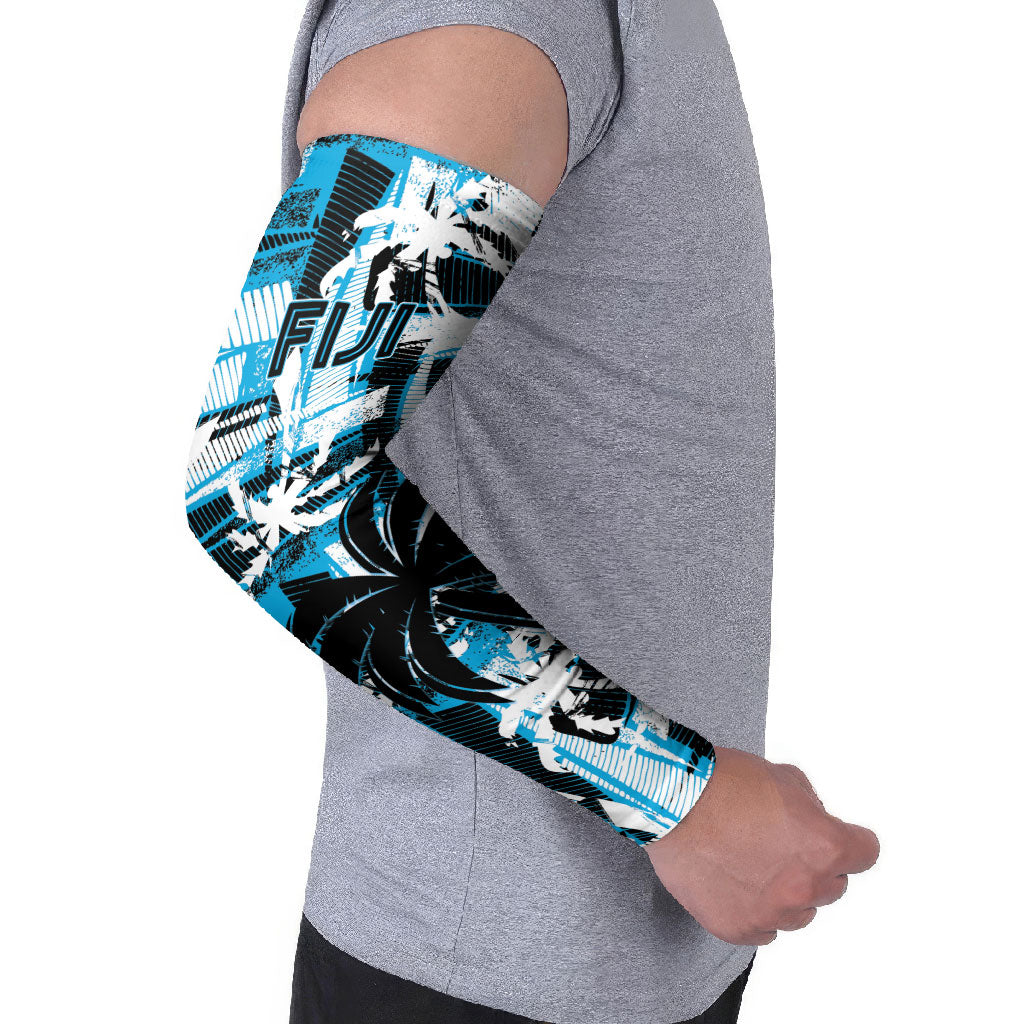 Custom Fijian Rugby Arm Sleeves Grunge Palm Stylized