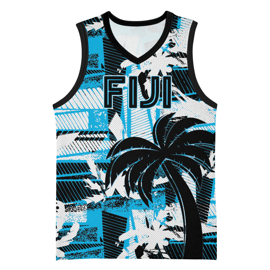 Custom Fijian Rugby Basketball Jersey Grunge Palm Stylized LT01 Unisex Blue - Polynesian Pride