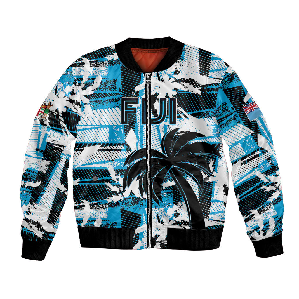 Custom Fijian Rugby Bomber Jacket Grunge Palm Stylized LT01 Unisex Blue - Polynesian Pride