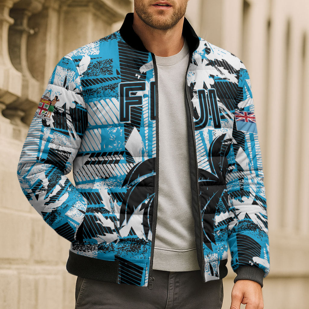Custom Fijian Rugby Bomber Puffer Jacket Grunge Palm Stylized