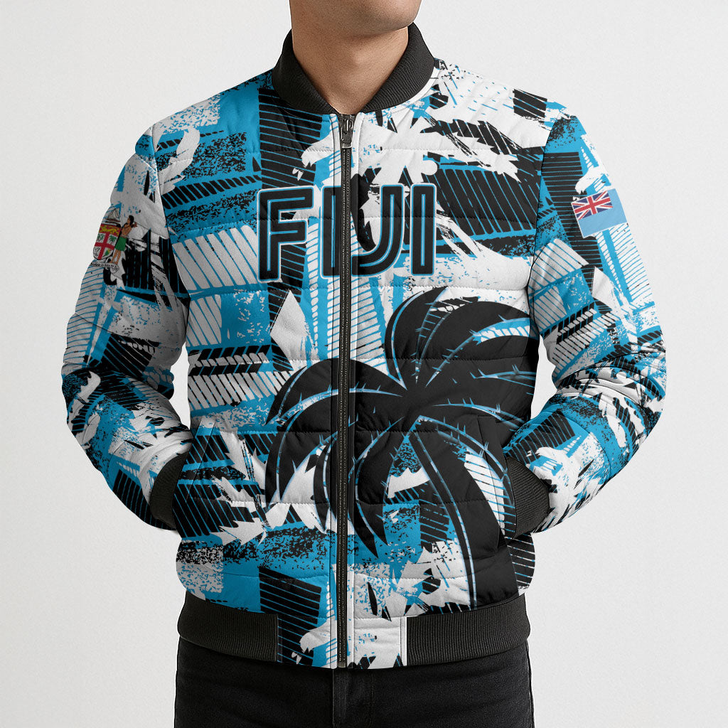 Custom Fijian Rugby Bomber Puffer Jacket Grunge Palm Stylized