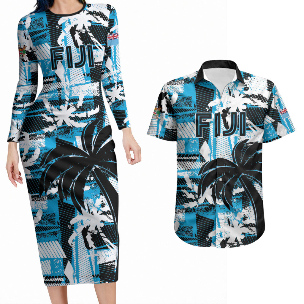 Custom Fijian Rugby Couples Matching Long Sleeve Bodycon Dress and Hawaiian Shirt Grunge Palm Stylized LT01 Blue - Polynesian Pride