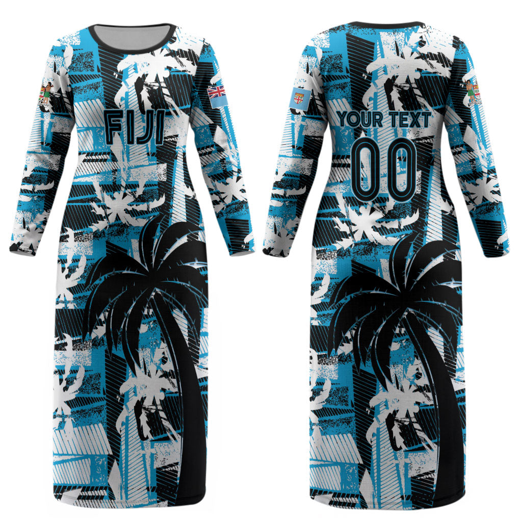 Custom Fijian Rugby Couples Matching Long Sleeve Bodycon Dress and Hawaiian Shirt Grunge Palm Stylized