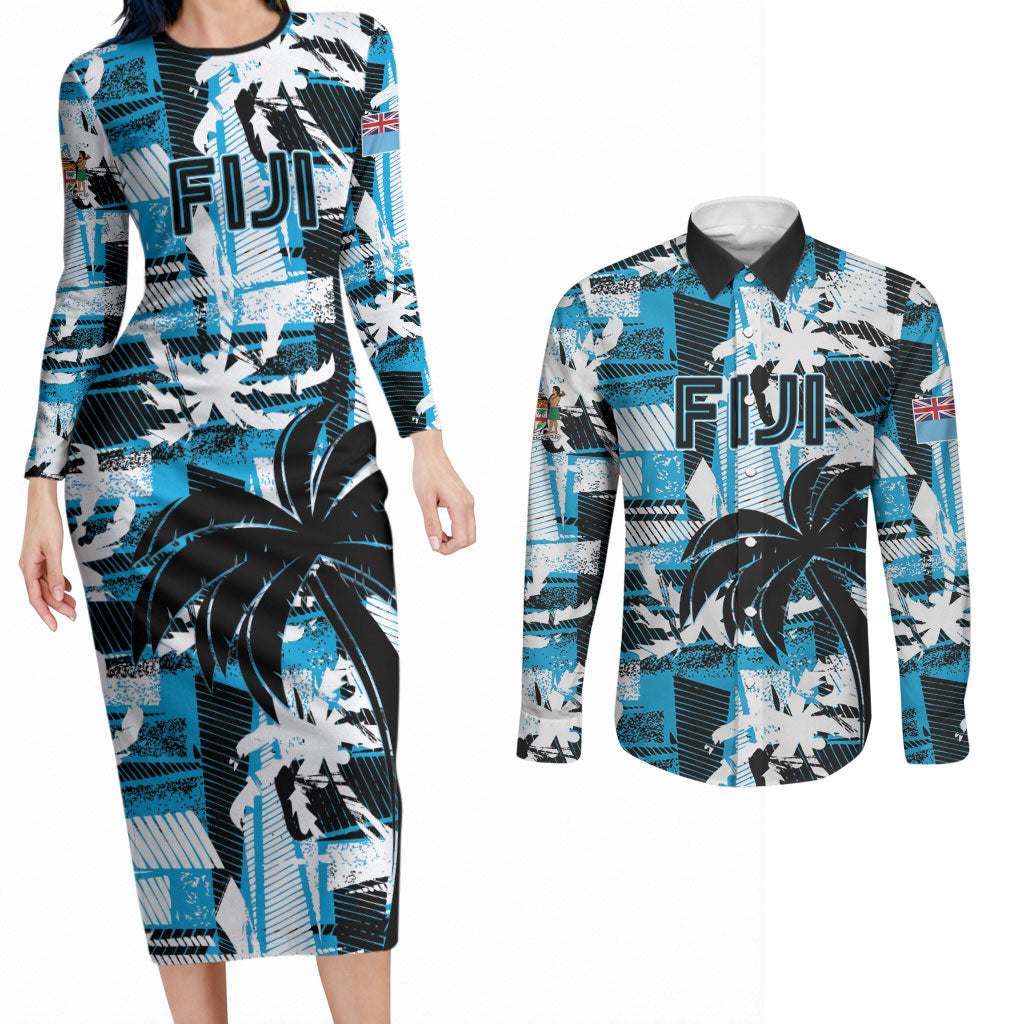 Custom Fijian Rugby Couples Matching Long Sleeve Bodycon Dress and Long Sleeve Button Shirt Grunge Palm Stylized