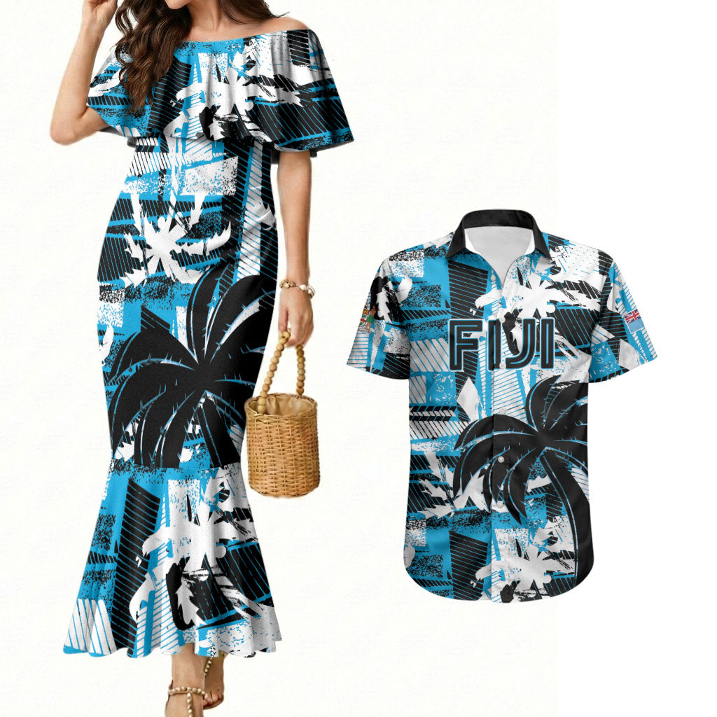 Custom Fijian Rugby Couples Matching Mermaid Dress and Hawaiian Shirt Grunge Palm Stylized