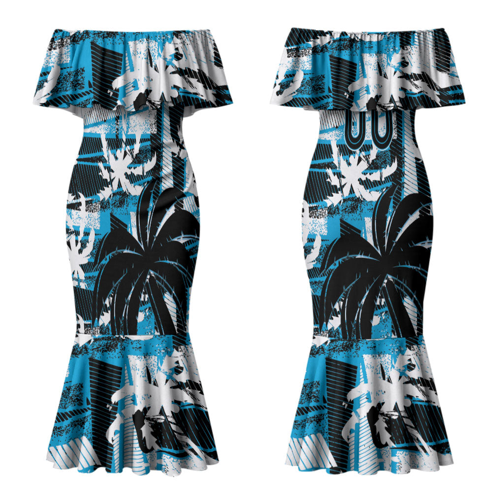 Custom Fijian Rugby Couples Matching Mermaid Dress and Long Sleeve Button Shirt Grunge Palm Stylized