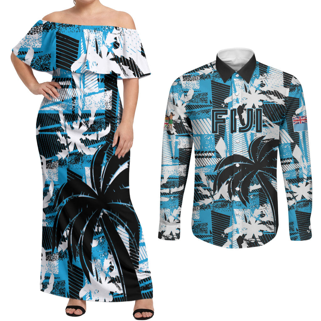 Custom Fijian Rugby Couples Matching Off Shoulder Maxi Dress and Long Sleeve Button Shirt Grunge Palm Stylized