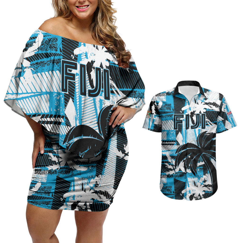 Custom Fijian Rugby Couples Matching Off Shoulder Short Dress and Hawaiian Shirt Grunge Palm Stylized