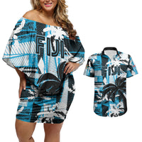 Custom Fijian Rugby Couples Matching Off Shoulder Short Dress and Hawaiian Shirt Grunge Palm Stylized