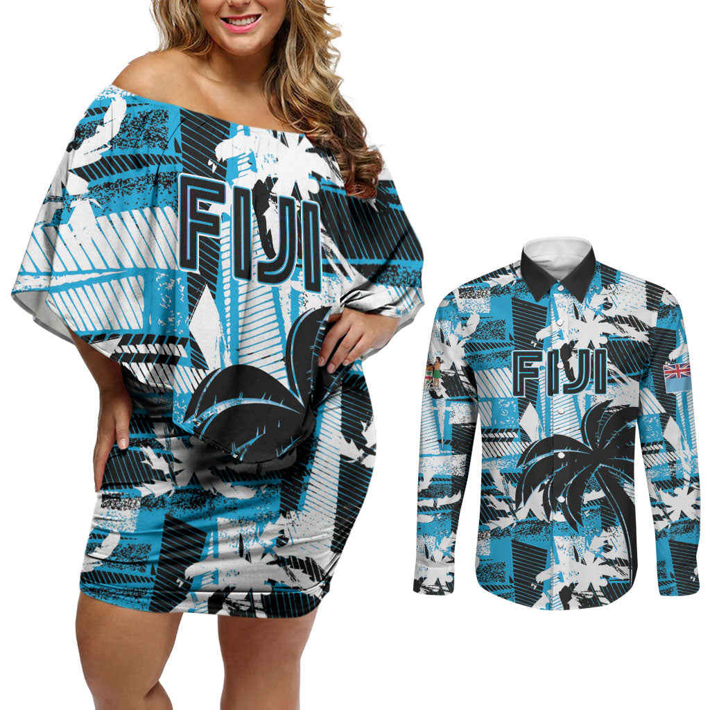 Custom Fijian Rugby Couples Matching Off Shoulder Short Dress and Long Sleeve Button Shirt Grunge Palm Stylized
