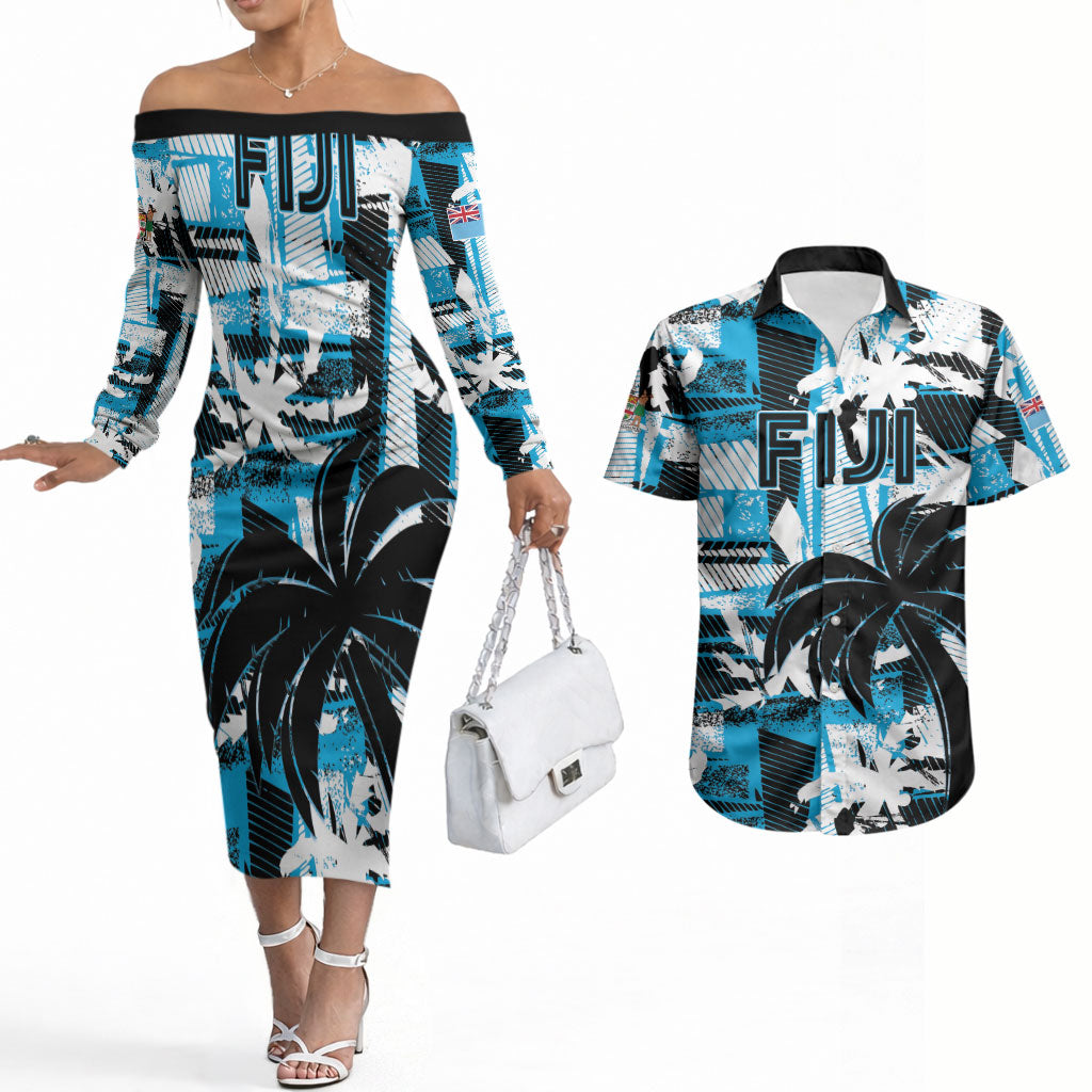 Custom Fijian Rugby Couples Matching Off The Shoulder Long Sleeve Dress and Hawaiian Shirt Grunge Palm Stylized