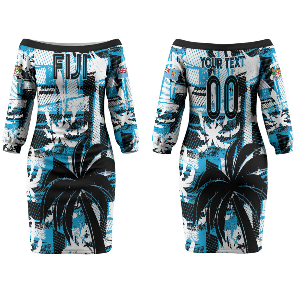 Custom Fijian Rugby Couples Matching Off The Shoulder Long Sleeve Dress and Hawaiian Shirt Grunge Palm Stylized
