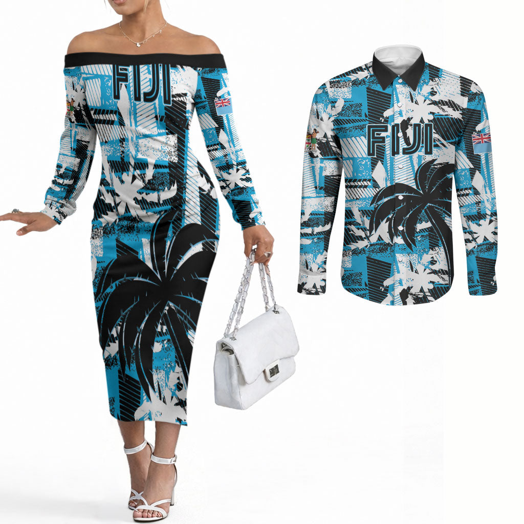 Custom Fijian Rugby Couples Matching Off The Shoulder Long Sleeve Dress and Long Sleeve Button Shirt Grunge Palm Stylized