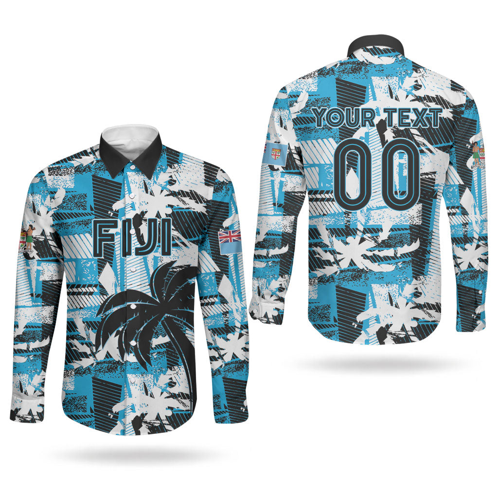 Custom Fijian Rugby Couples Matching Off The Shoulder Long Sleeve Dress and Long Sleeve Button Shirt Grunge Palm Stylized