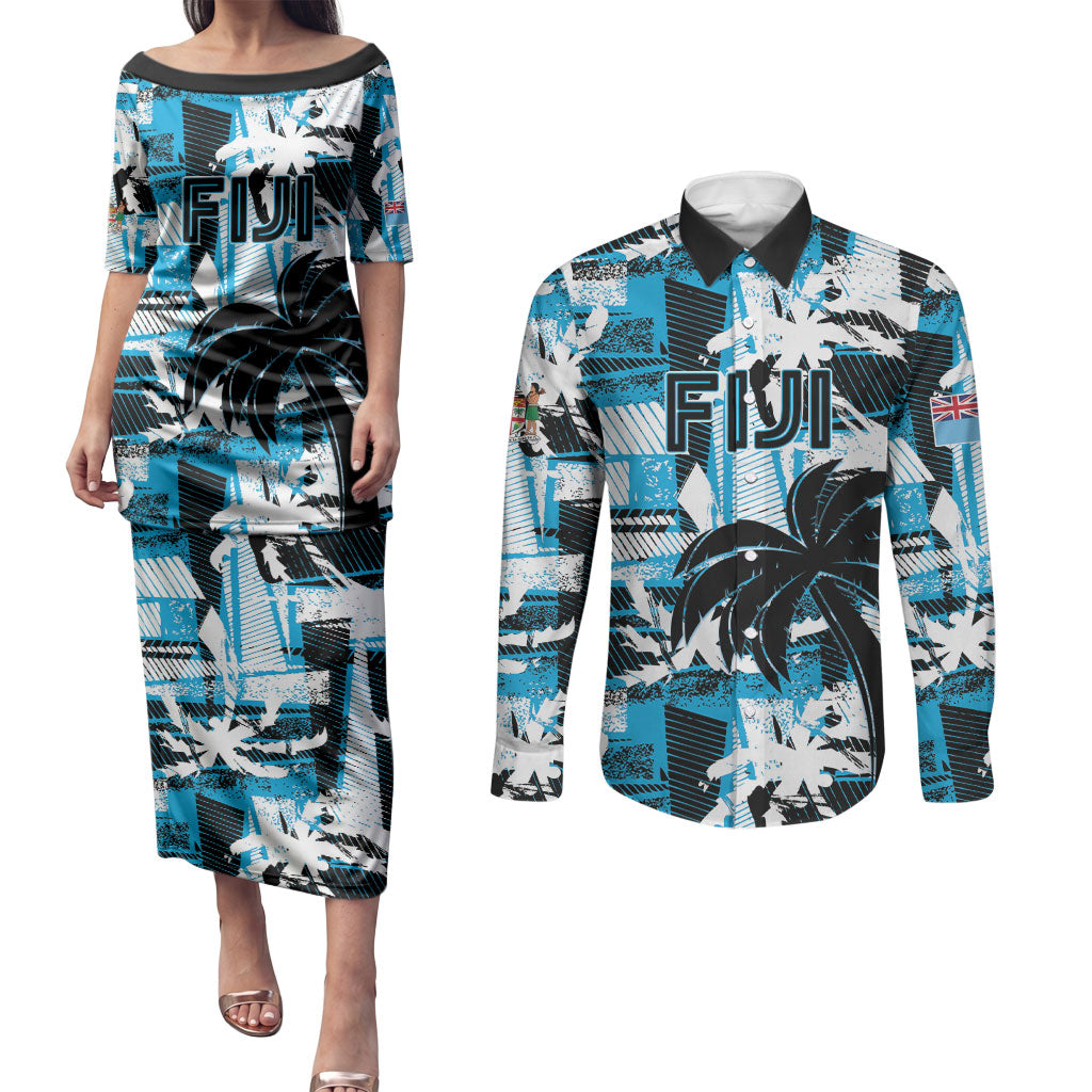 Custom Fijian Rugby Couples Matching Puletasi and Long Sleeve Button Shirt Grunge Palm Stylized