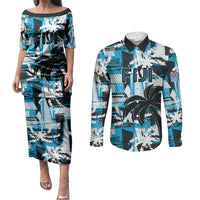 Custom Fijian Rugby Couples Matching Puletasi and Long Sleeve Button Shirt Grunge Palm Stylized