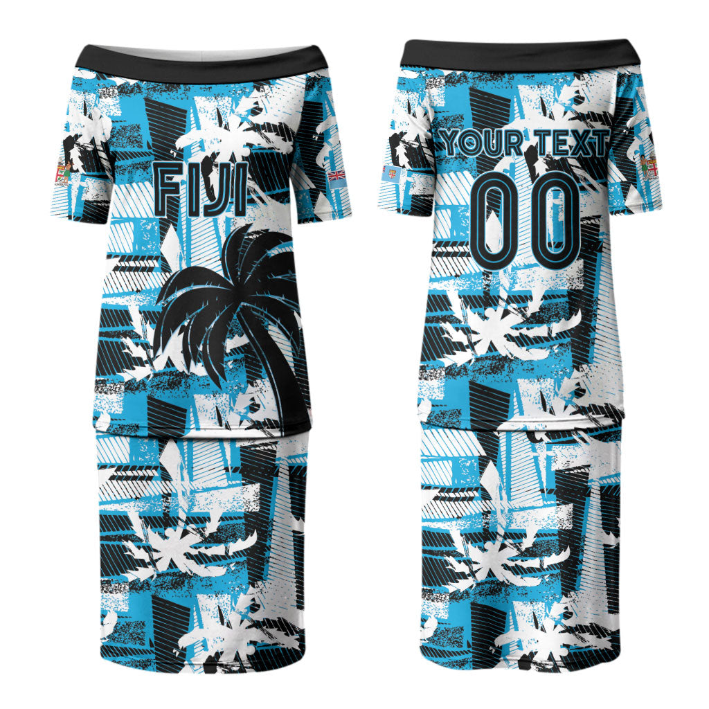 Custom Fijian Rugby Couples Matching Puletasi and Long Sleeve Button Shirt Grunge Palm Stylized