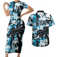 Custom Fijian Rugby Couples Matching Short Sleeve Bodycon Dress and Hawaiian Shirt Grunge Palm Stylized