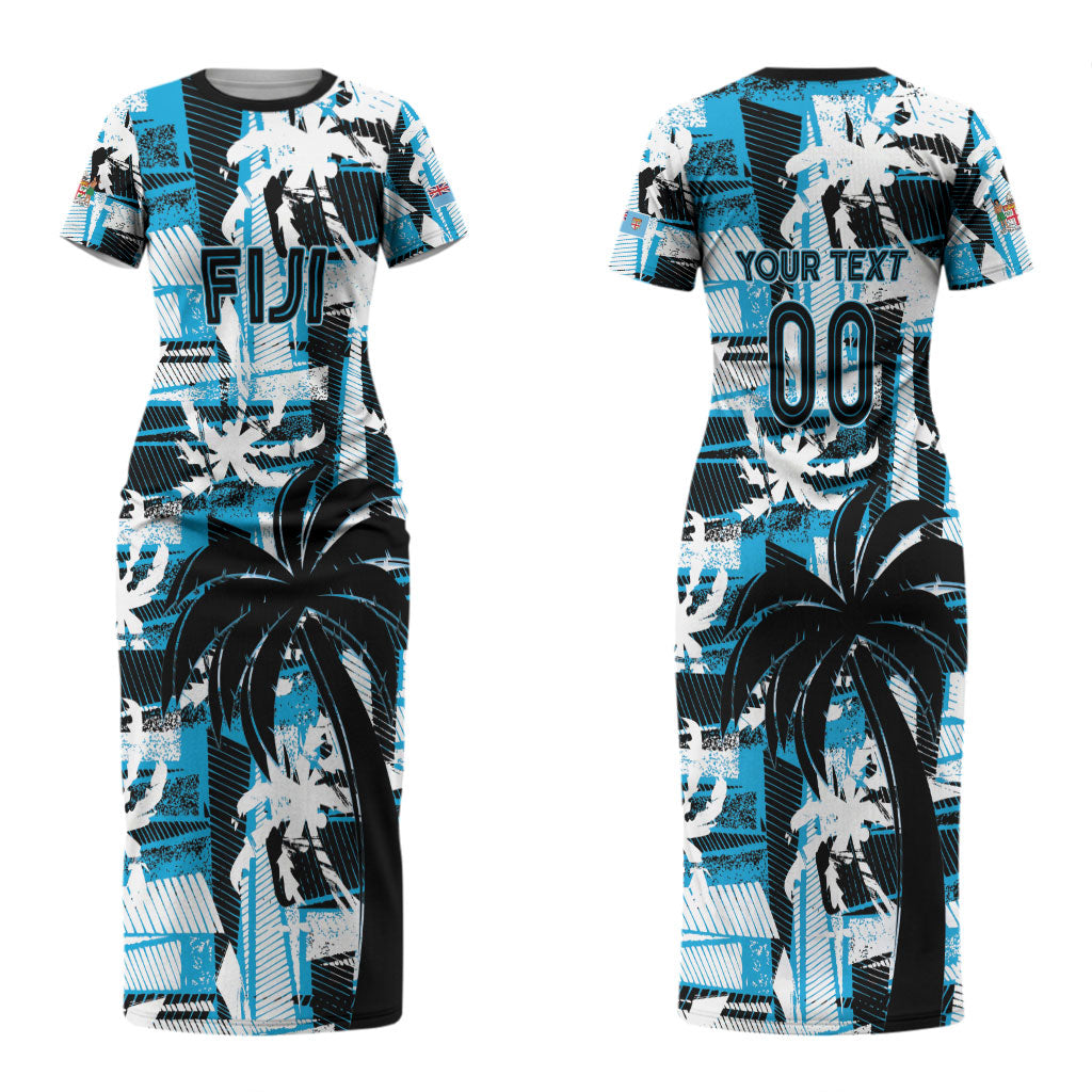 Custom Fijian Rugby Couples Matching Short Sleeve Bodycon Dress and Hawaiian Shirt Grunge Palm Stylized
