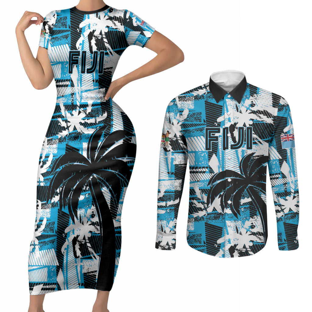 Custom Fijian Rugby Couples Matching Short Sleeve Bodycon Dress and Long Sleeve Button Shirt Grunge Palm Stylized