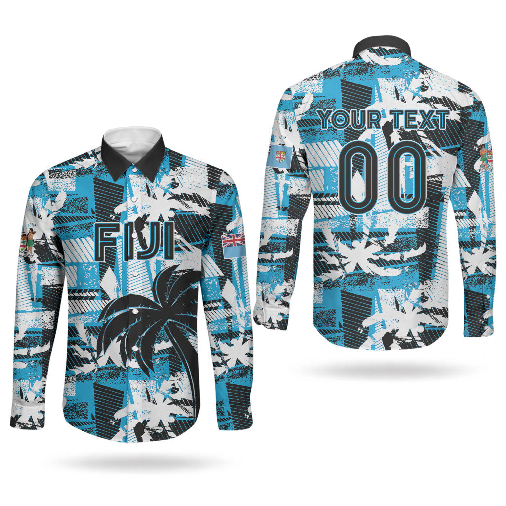 Custom Fijian Rugby Couples Matching Short Sleeve Bodycon Dress and Long Sleeve Button Shirt Grunge Palm Stylized