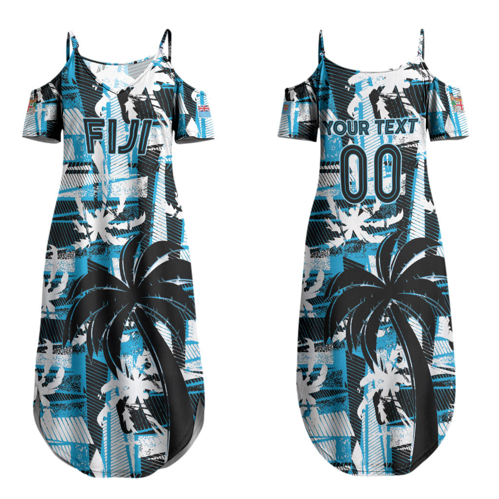Custom Fijian Rugby Couples Matching Summer Maxi Dress and Hawaiian Shirt Grunge Palm Stylized