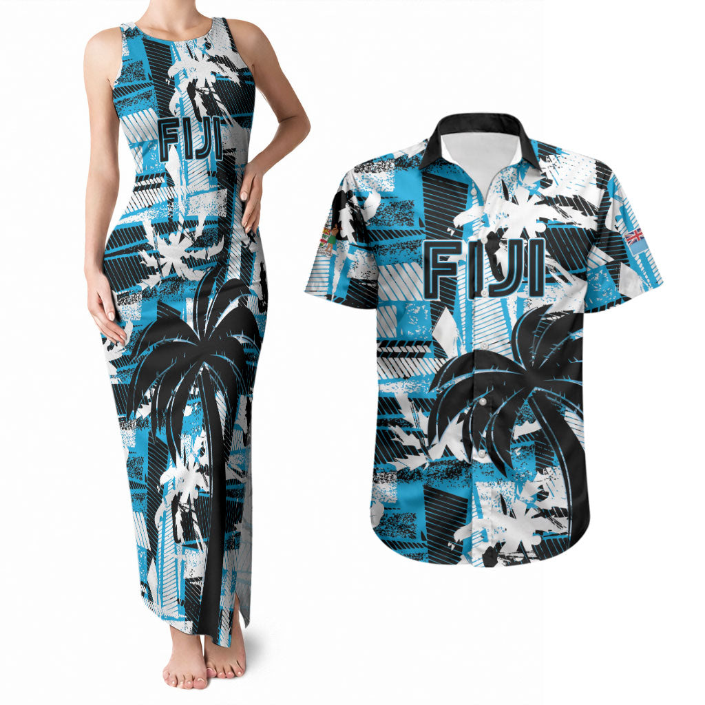 Custom Fijian Rugby Couples Matching Tank Maxi Dress and Hawaiian Shirt Grunge Palm Stylized LT01 Blue - Polynesian Pride