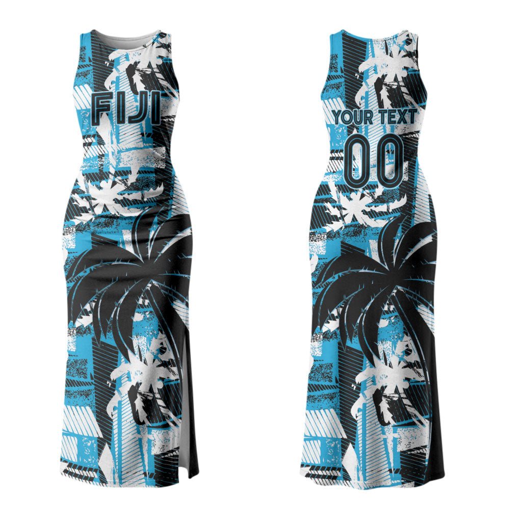Custom Fijian Rugby Couples Matching Tank Maxi Dress and Long Sleeve Button Shirt Grunge Palm Stylized