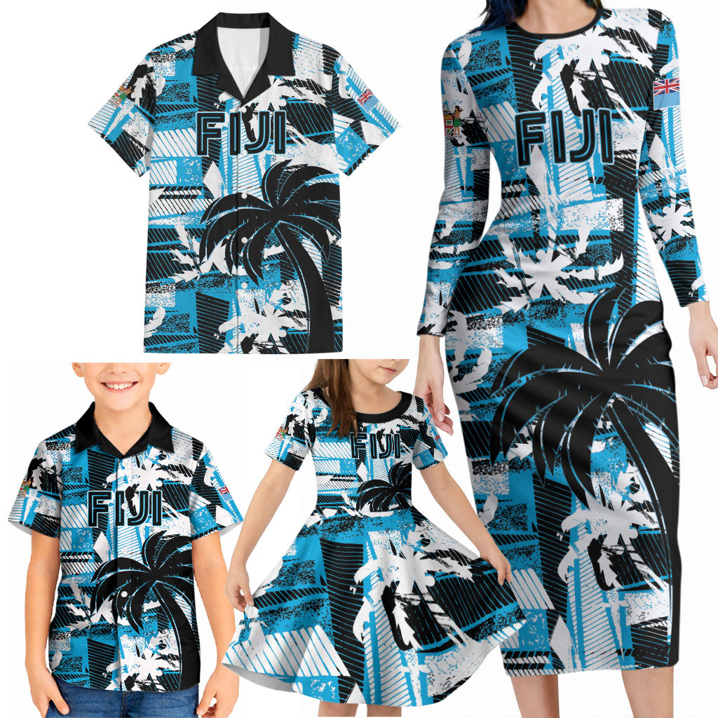 Custom Fijian Rugby Family Matching Long Sleeve Bodycon Dress and Hawaiian Shirt Grunge Palm Stylized
