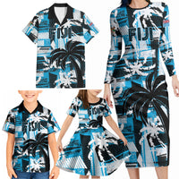 Custom Fijian Rugby Family Matching Long Sleeve Bodycon Dress and Hawaiian Shirt Grunge Palm Stylized