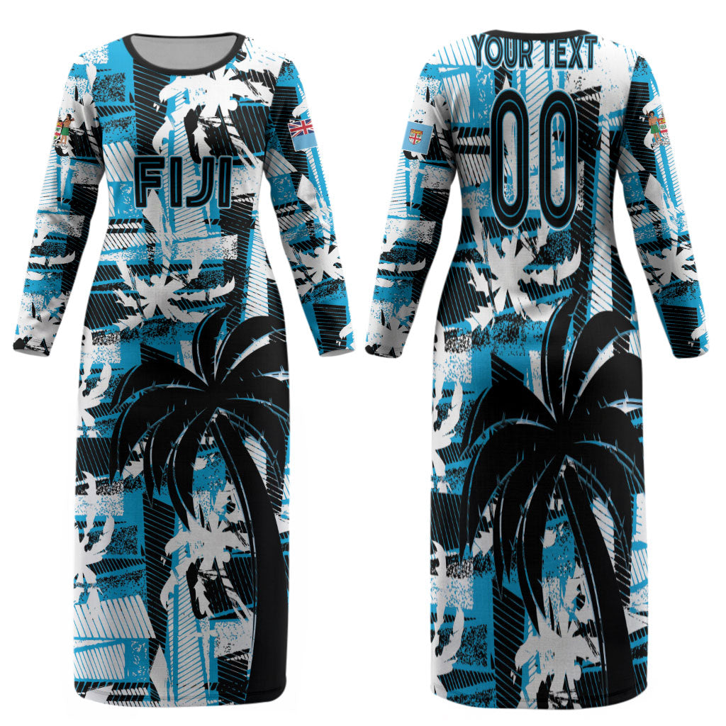 Custom Fijian Rugby Family Matching Long Sleeve Bodycon Dress and Hawaiian Shirt Grunge Palm Stylized