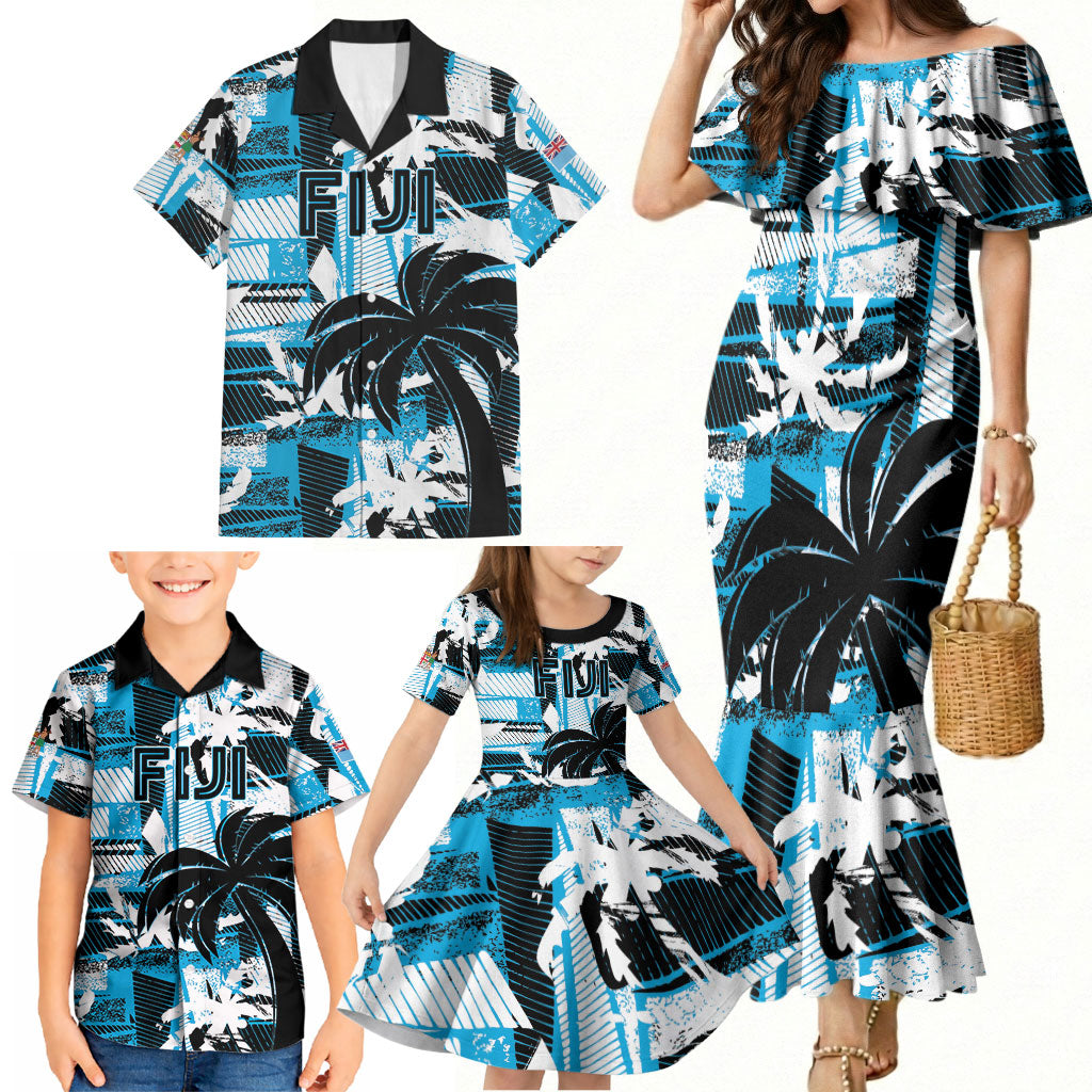 Custom Fijian Rugby Family Matching Mermaid Dress and Hawaiian Shirt Grunge Palm Stylized LT01 - Polynesian Pride