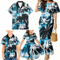 Custom Fijian Rugby Family Matching Mermaid Dress and Hawaiian Shirt Grunge Palm Stylized