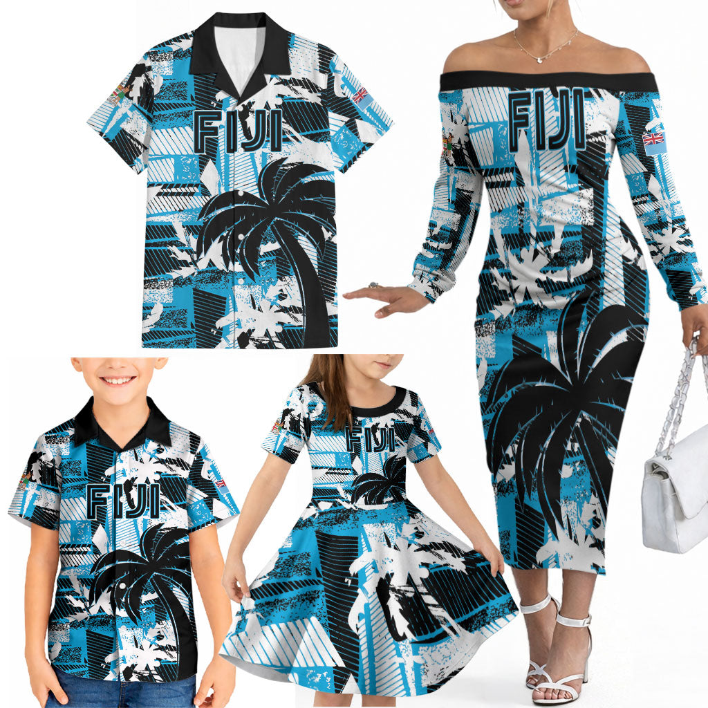 Custom Fijian Rugby Family Matching Off The Shoulder Long Sleeve Dress and Hawaiian Shirt Grunge Palm Stylized