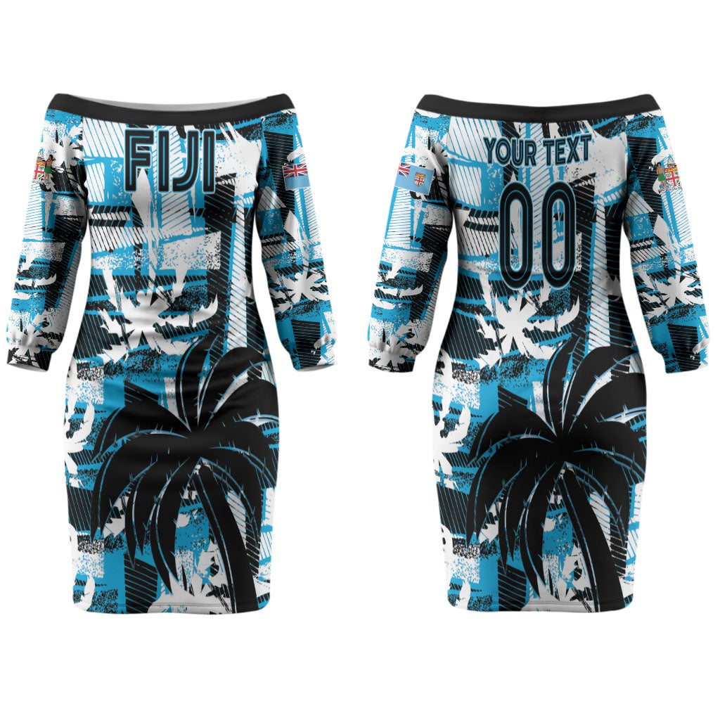 Custom Fijian Rugby Family Matching Off The Shoulder Long Sleeve Dress and Hawaiian Shirt Grunge Palm Stylized