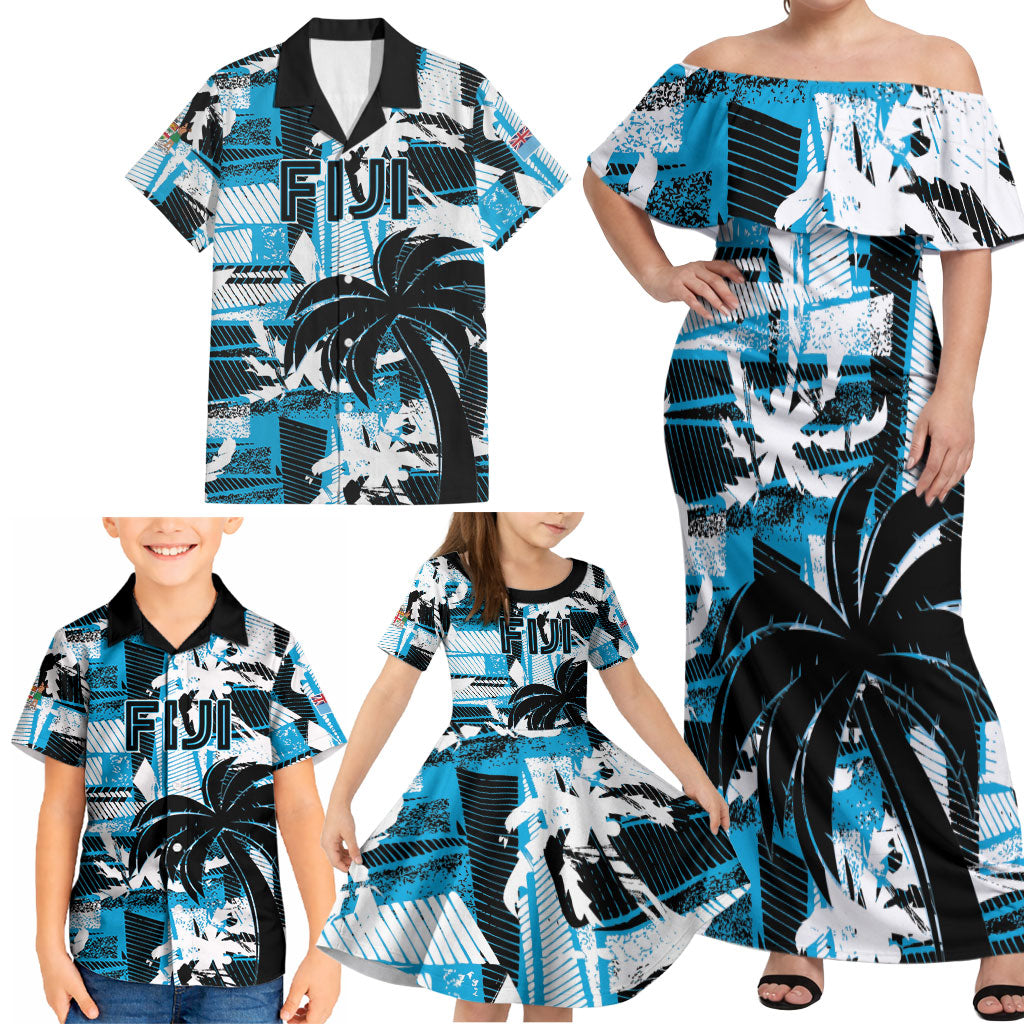 Custom Fijian Rugby Family Matching Off Shoulder Maxi Dress and Hawaiian Shirt Grunge Palm Stylized