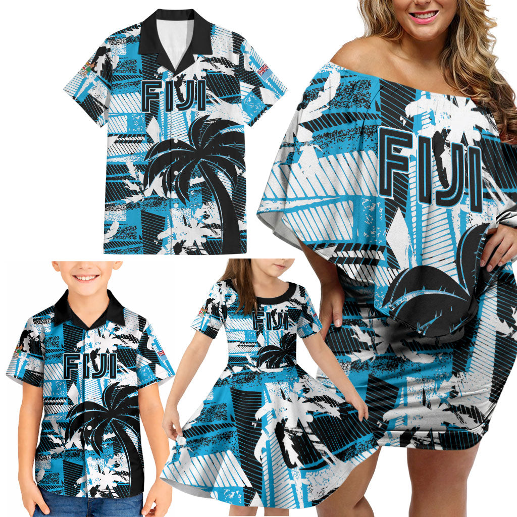 Custom Fijian Rugby Family Matching Off Shoulder Short Dress and Hawaiian Shirt Grunge Palm Stylized LT01 - Polynesian Pride