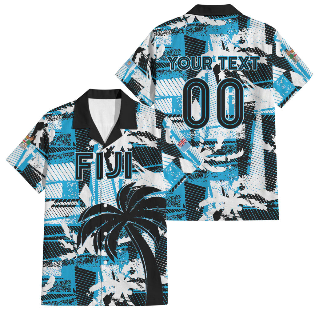 Custom Fijian Rugby Family Matching Off Shoulder Short Dress and Hawaiian Shirt Grunge Palm Stylized