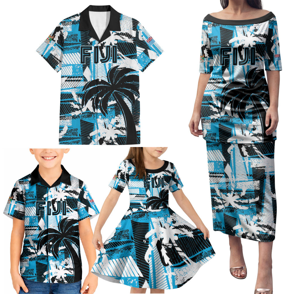Custom Fijian Rugby Family Matching Puletasi and Hawaiian Shirt Grunge Palm Stylized