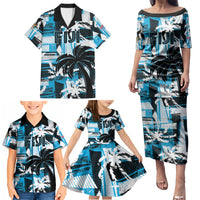 Custom Fijian Rugby Family Matching Puletasi and Hawaiian Shirt Grunge Palm Stylized