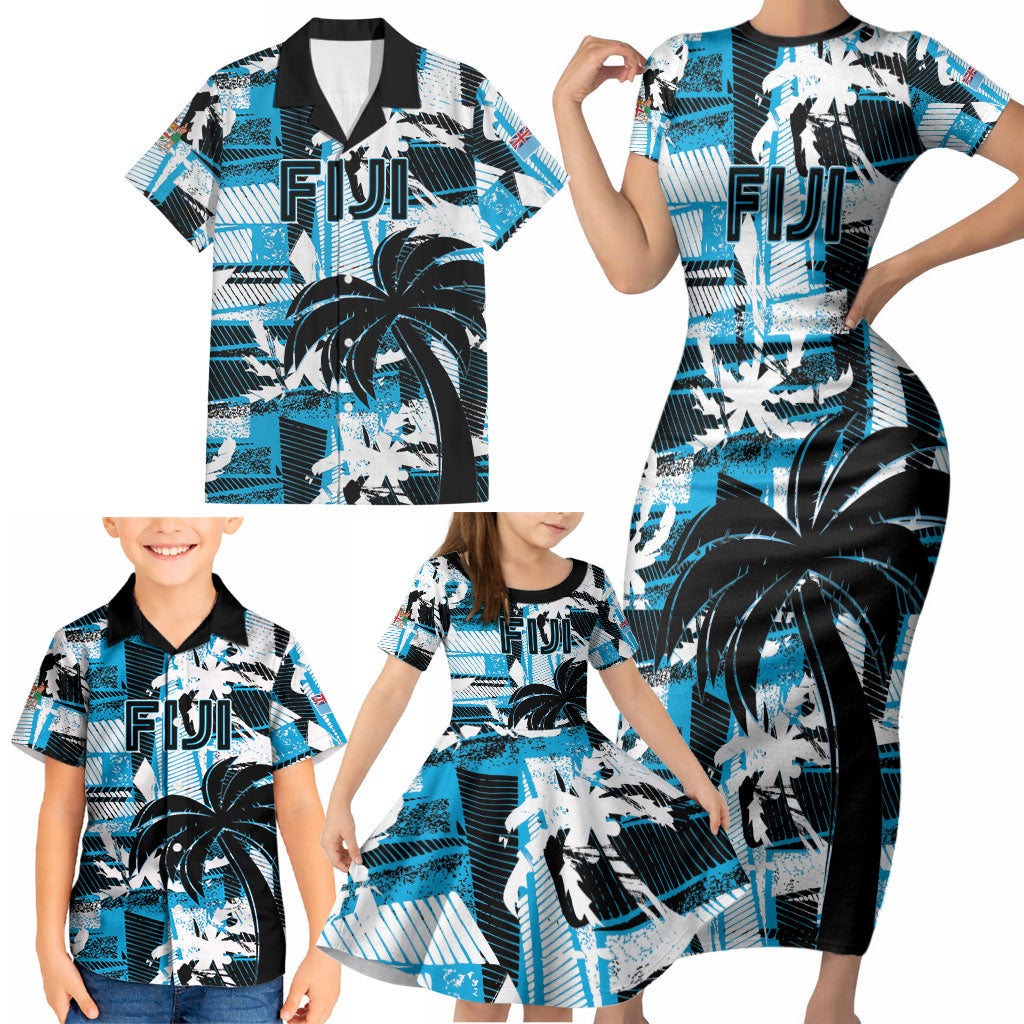 Custom Fijian Rugby Family Matching Short Sleeve Bodycon Dress and Hawaiian Shirt Grunge Palm Stylized LT01 - Polynesian Pride