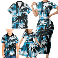 Custom Fijian Rugby Family Matching Short Sleeve Bodycon Dress and Hawaiian Shirt Grunge Palm Stylized