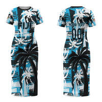 Custom Fijian Rugby Family Matching Short Sleeve Bodycon Dress and Hawaiian Shirt Grunge Palm Stylized