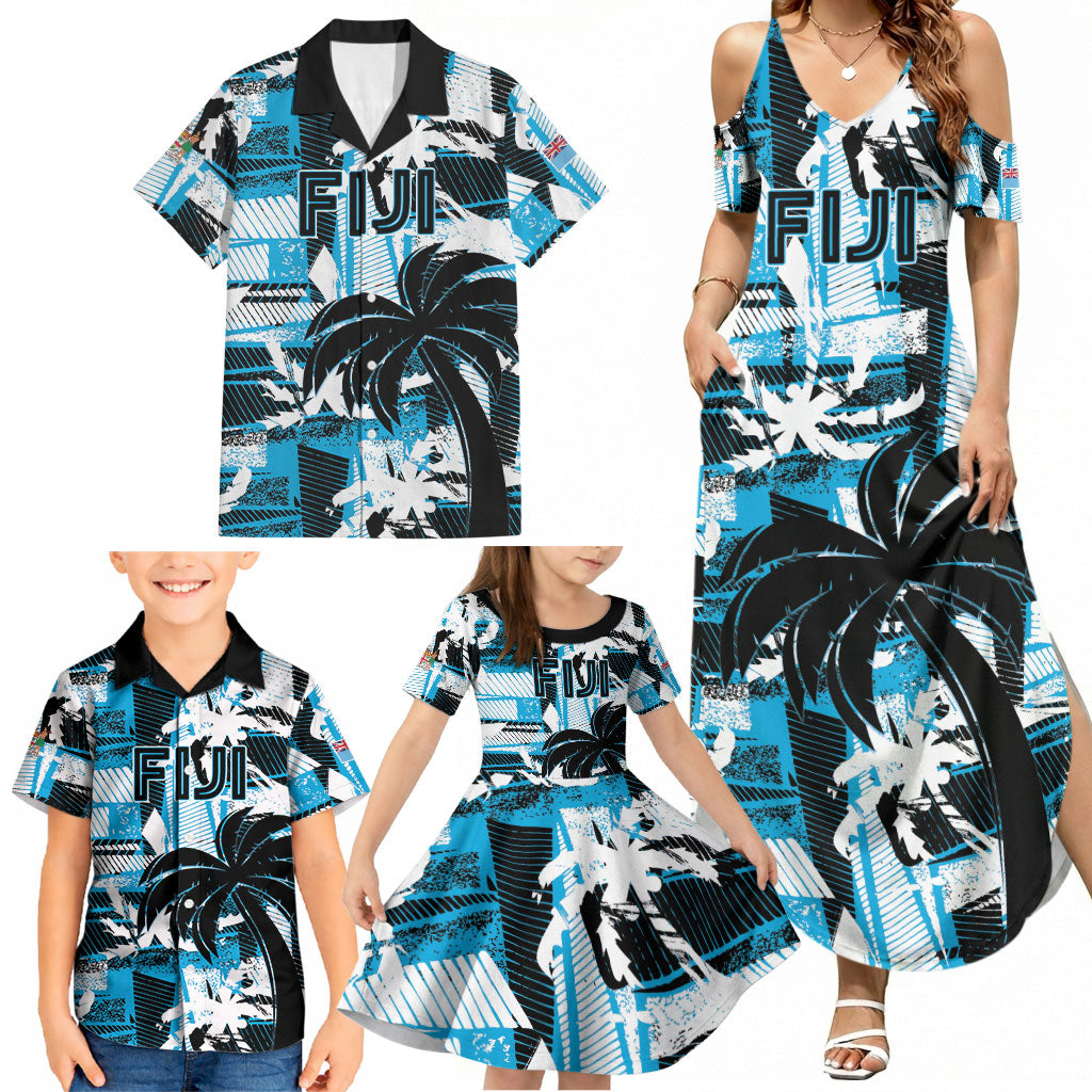 Custom Fijian Rugby Family Matching Summer Maxi Dress and Hawaiian Shirt Grunge Palm Stylized LT01 - Polynesian Pride